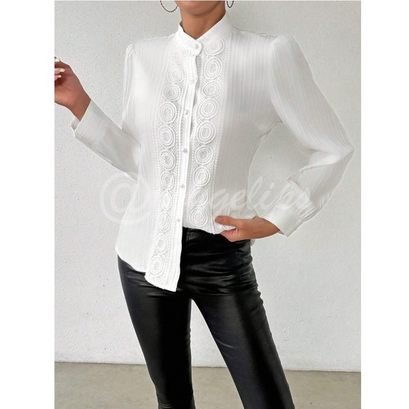 White Embroidered Lace Button Down French Style Shirt Long Sleeve - Picture 3 of 11